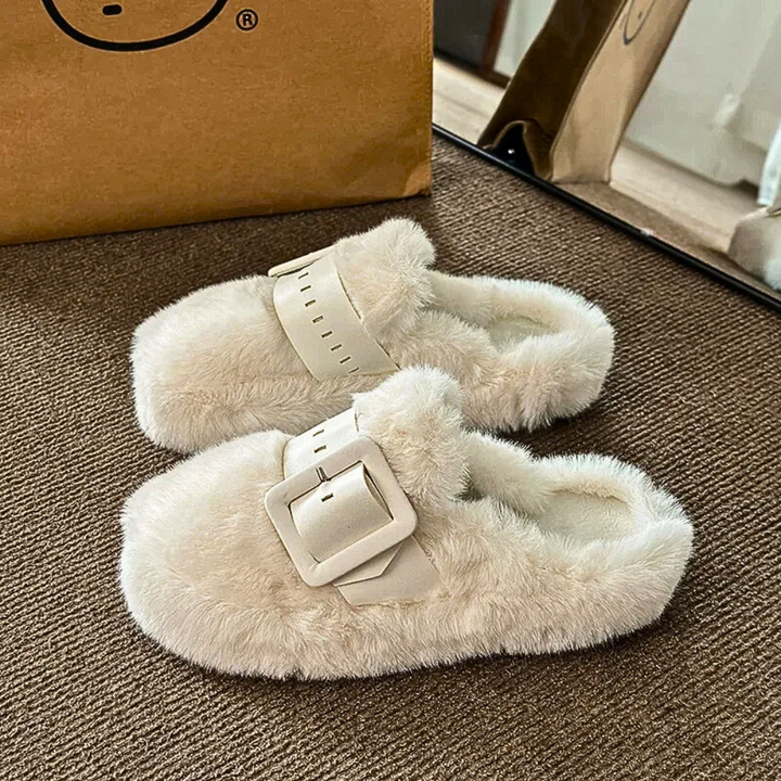 Fur-Wrapped Slippers with Statement Belt