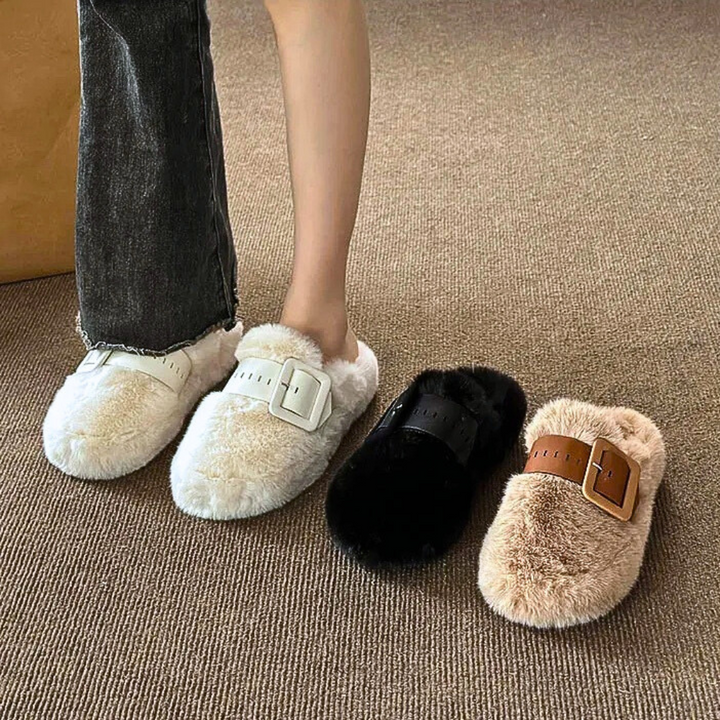 Fur-Wrapped Slippers with Statement Belt