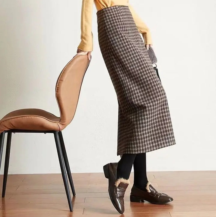 Houndstooth Merino Wool Midi Skirt
