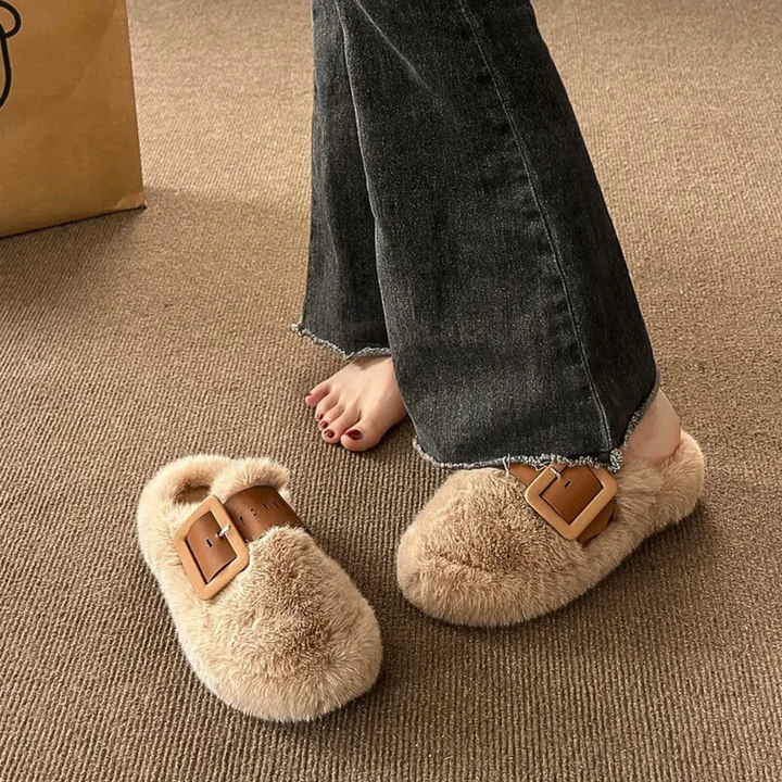 Fur-Wrapped Slippers with Statement Belt
