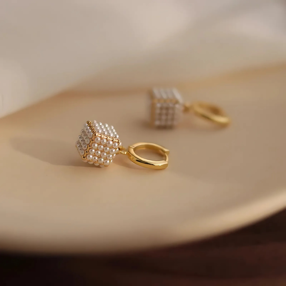 14K Gold-Plated Cubic Pearl Earrings