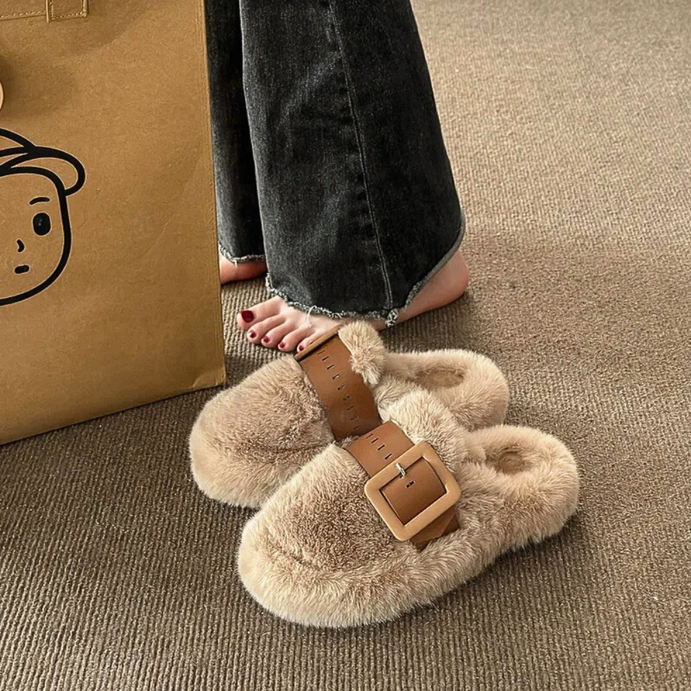 Fur-Wrapped Slippers with Statement Belt