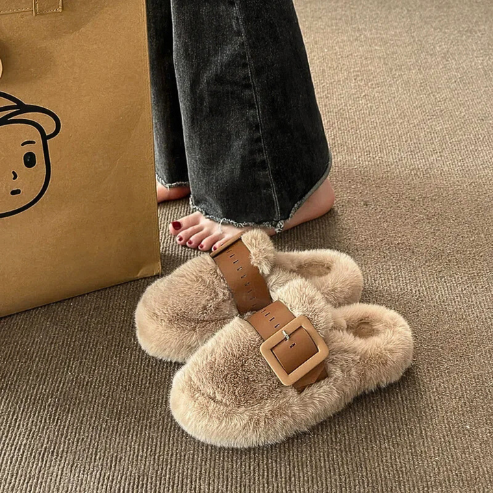Fur-Wrapped Slippers with Statement Belt