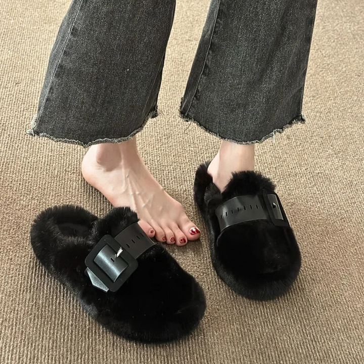 Fur-Wrapped Slippers with Statement Belt