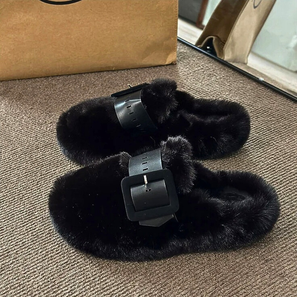 Fur-Wrapped Slippers with Statement Belt