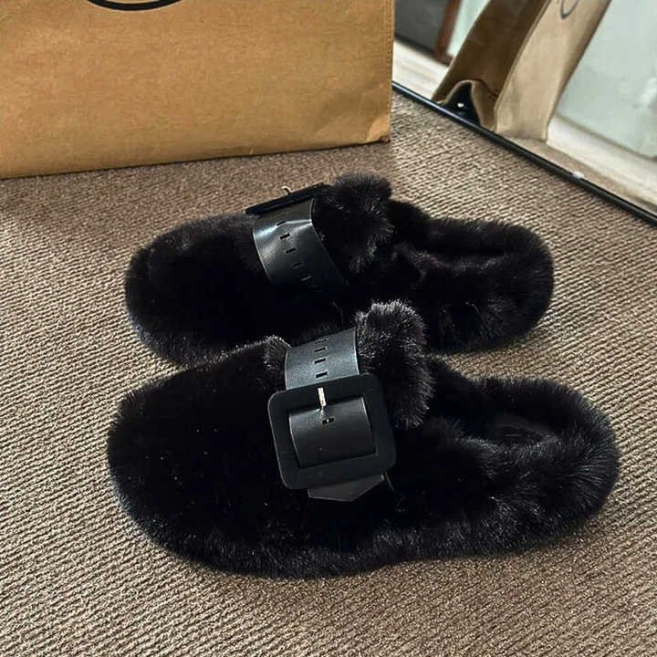 Fur-Wrapped Slippers with Statement Belt