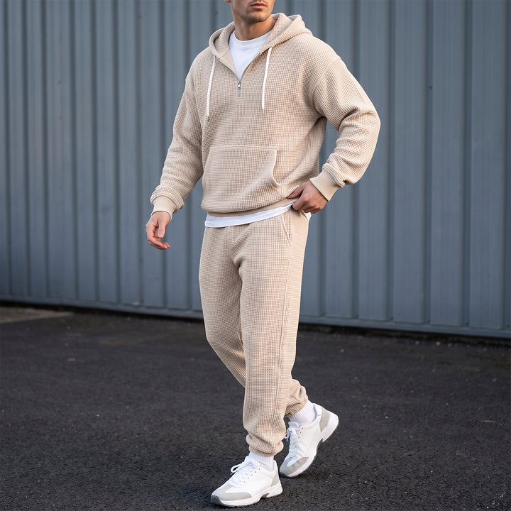 Halsey Waffle Half-Zip Hoodie Set — Beige