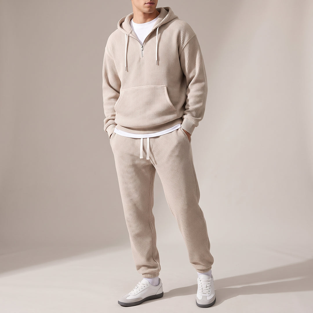 Halsey Waffle Half-Zip Hoodie Set — Beige