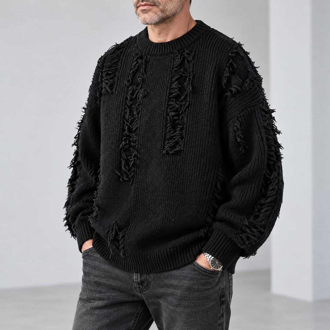 Mercer Distressed Fringe Sweater — Black