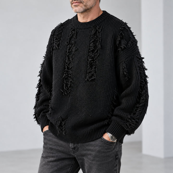 Mercer Distressed Fringe Sweater — Black