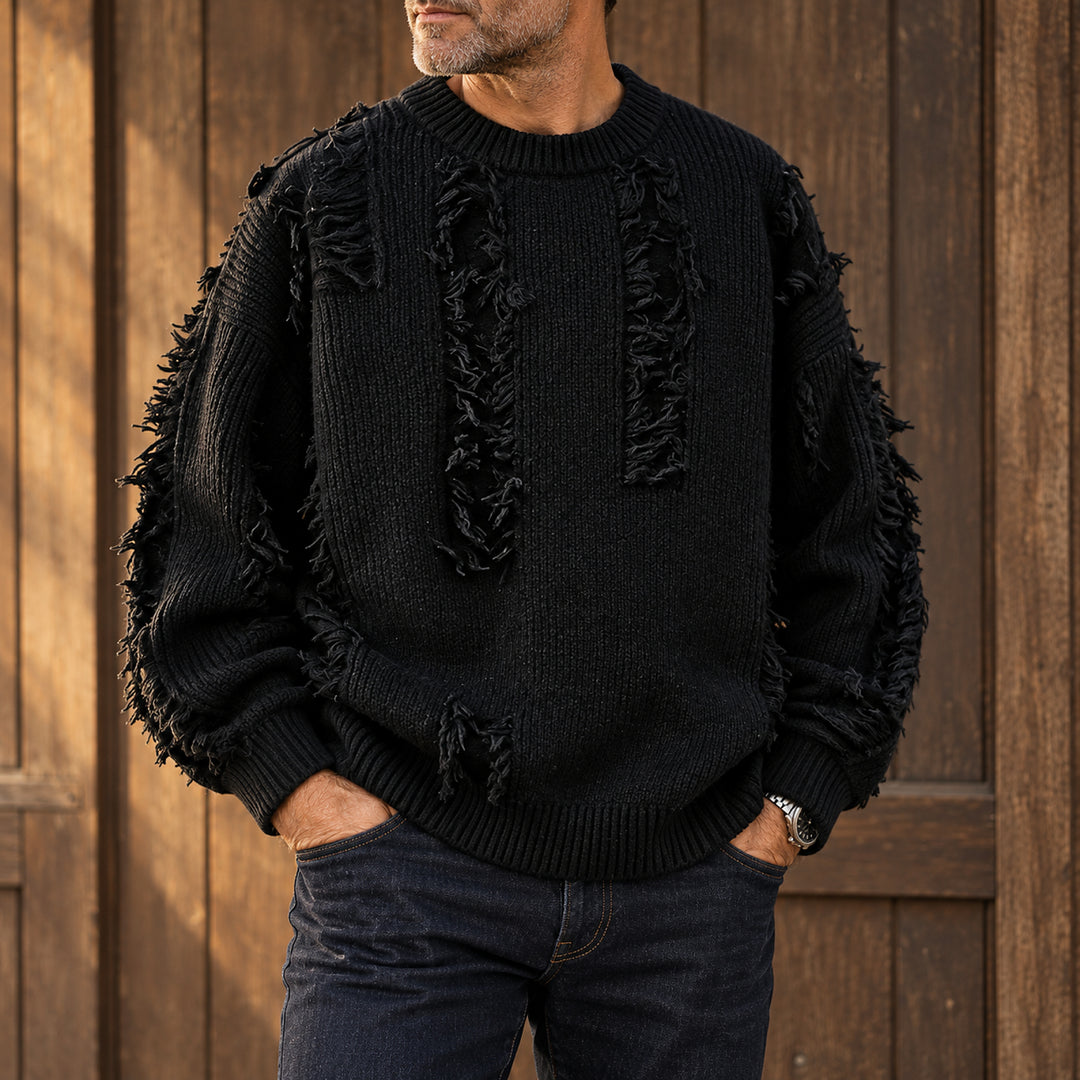 Mercer Distressed Fringe Sweater — Black