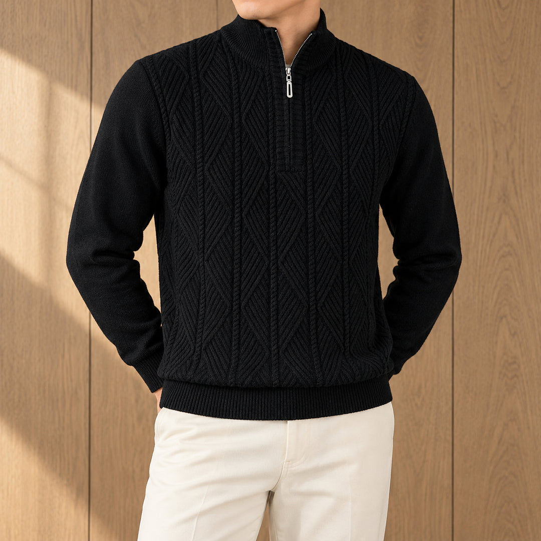 Galway Diamond-Cable Quarter Zip — Black