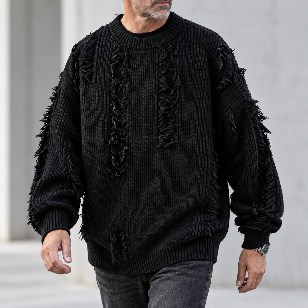 Mercer Distressed Fringe Sweater — Black