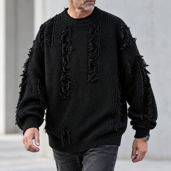 Mercer Distressed Fringe Sweater — Black