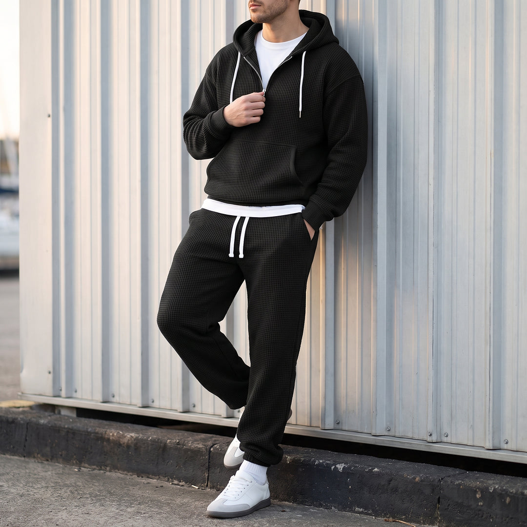 Halsey Waffle Half-Zip Hoodie Set — Black