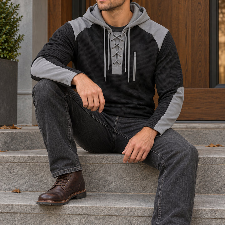 Kingston Lace-Up Waffle Hoodie — Black
