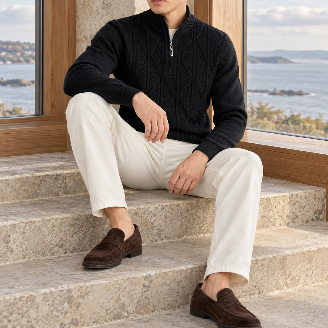 Galway Diamond-Cable Quarter Zip — Black