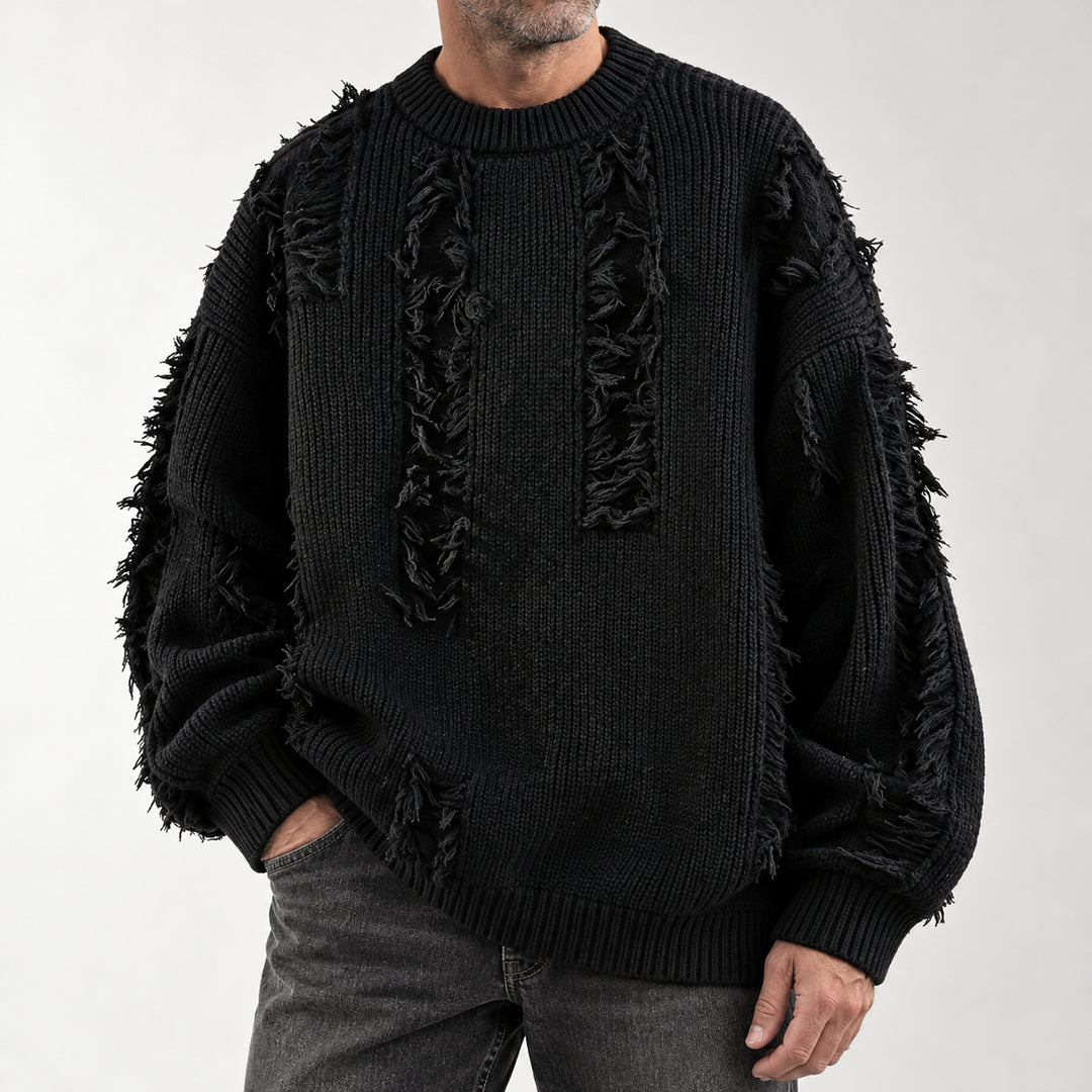Mercer Distressed Fringe Sweater — Black