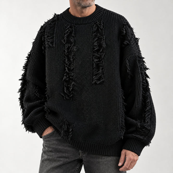 Mercer Distressed Fringe Sweater — Black