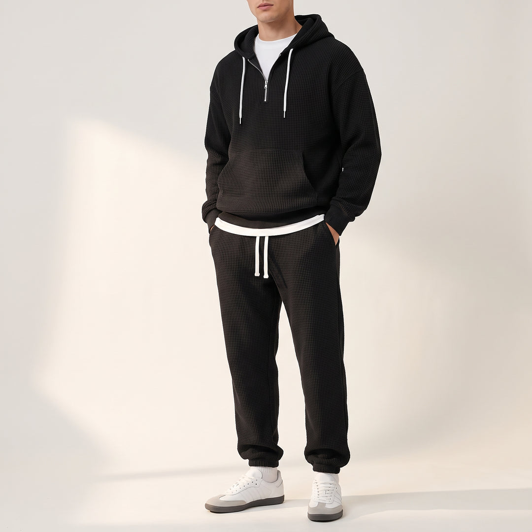 Halsey Waffle Half-Zip Hoodie Set — Black