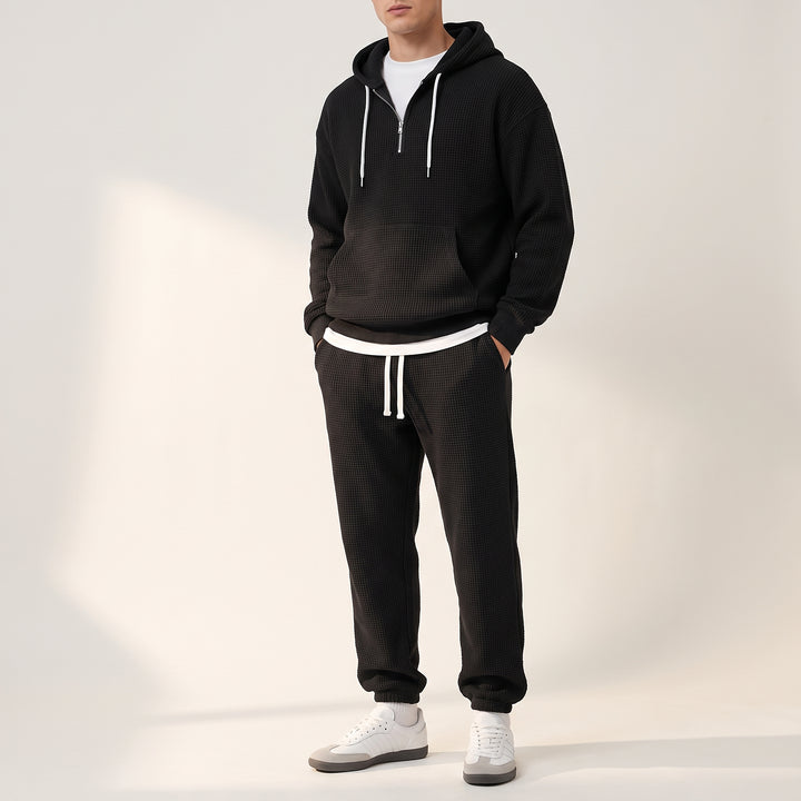 Halsey Waffle Half-Zip Hoodie Set — Black