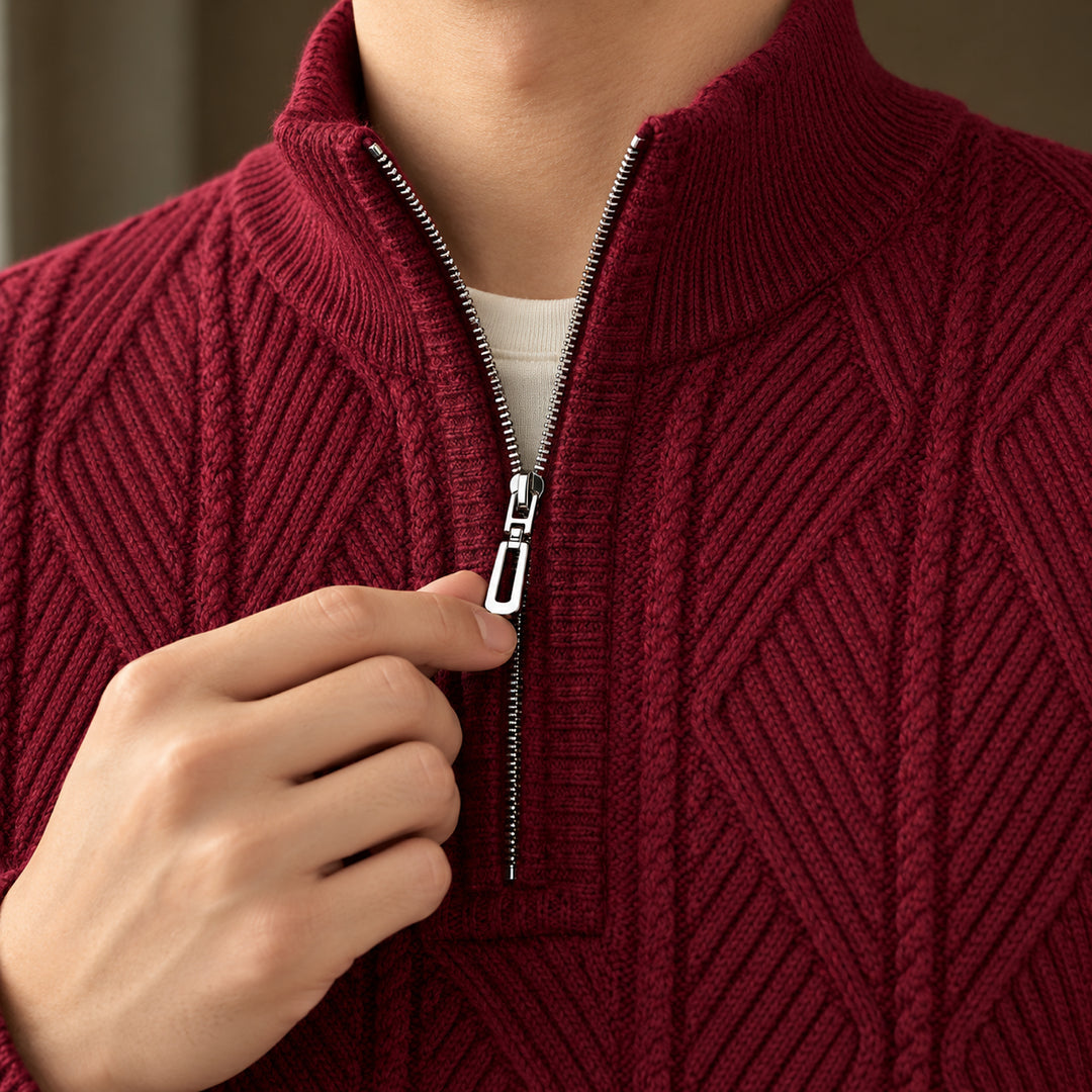 Galway Diamond-Cable Quarter Zip — Burgundy