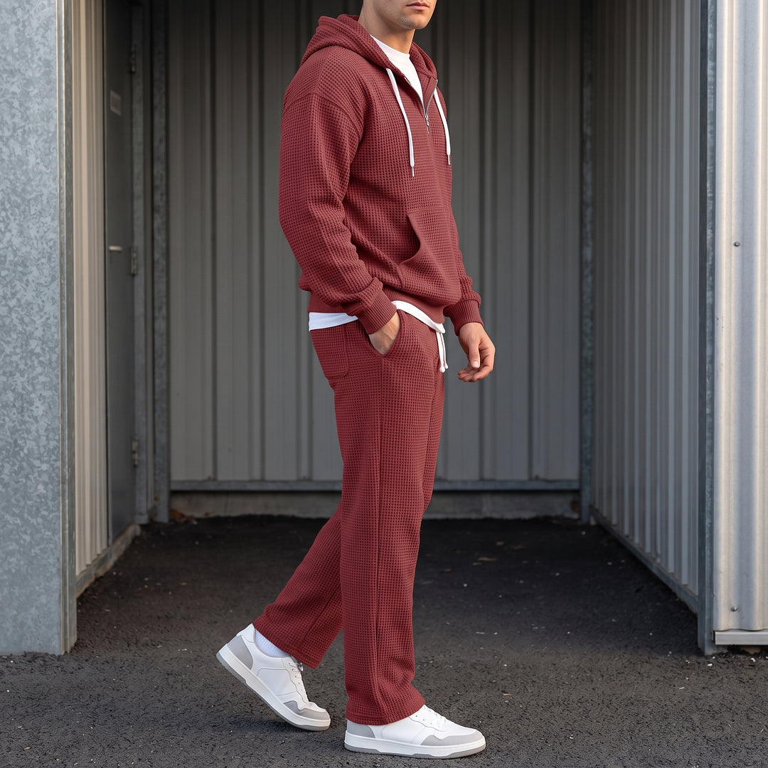 Halsey Waffle Half-Zip Hoodie Set — Burgundy