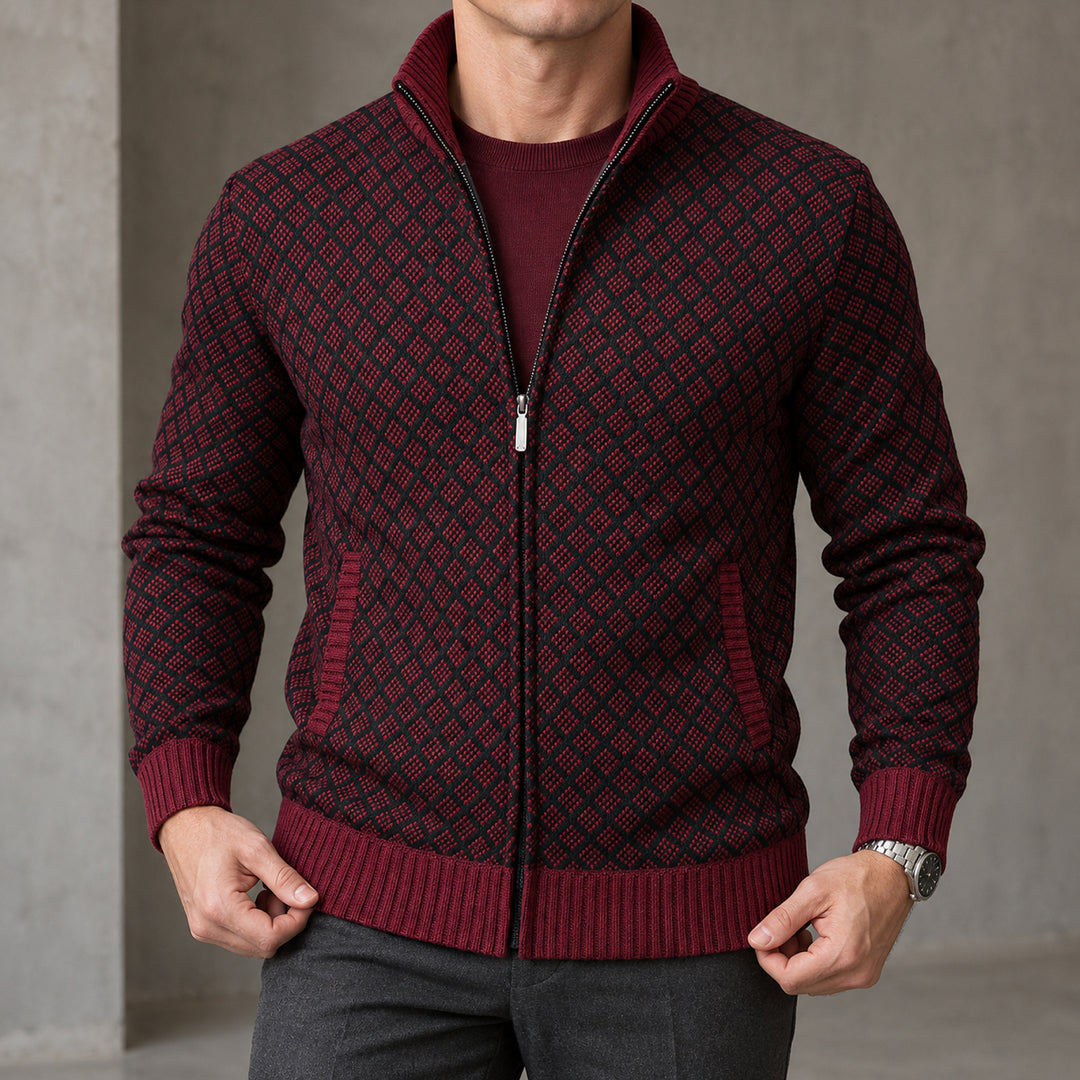 St Andrews Diamond Knit Cardigan — Burgundy