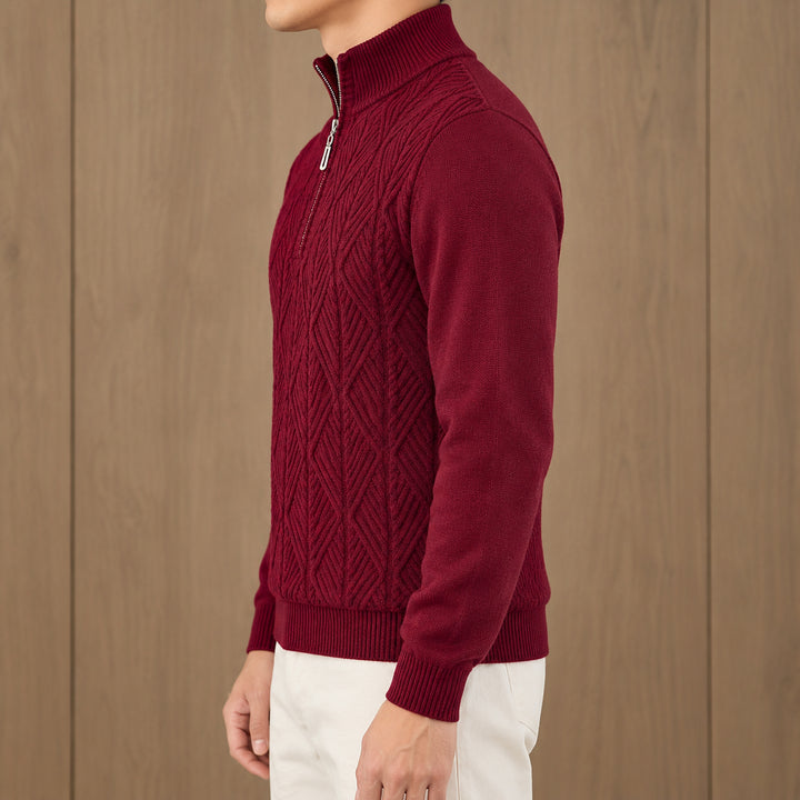 Galway Diamond-Cable Quarter Zip — Burgundy