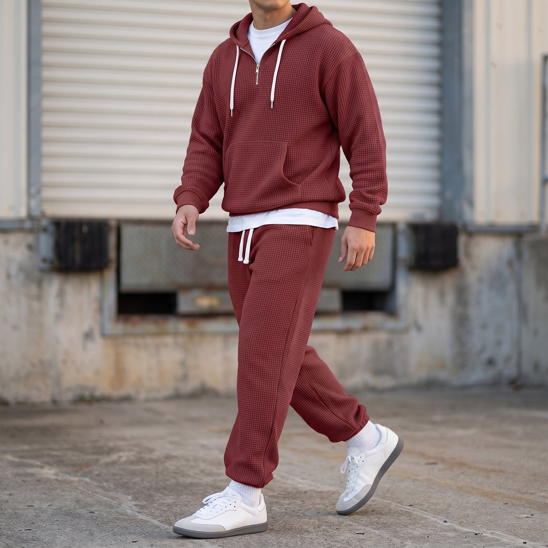Halsey Waffle Half-Zip Hoodie Set — Burgundy