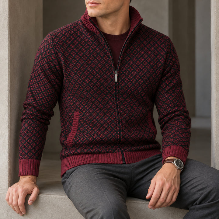 St Andrews Diamond Knit Cardigan — Burgundy