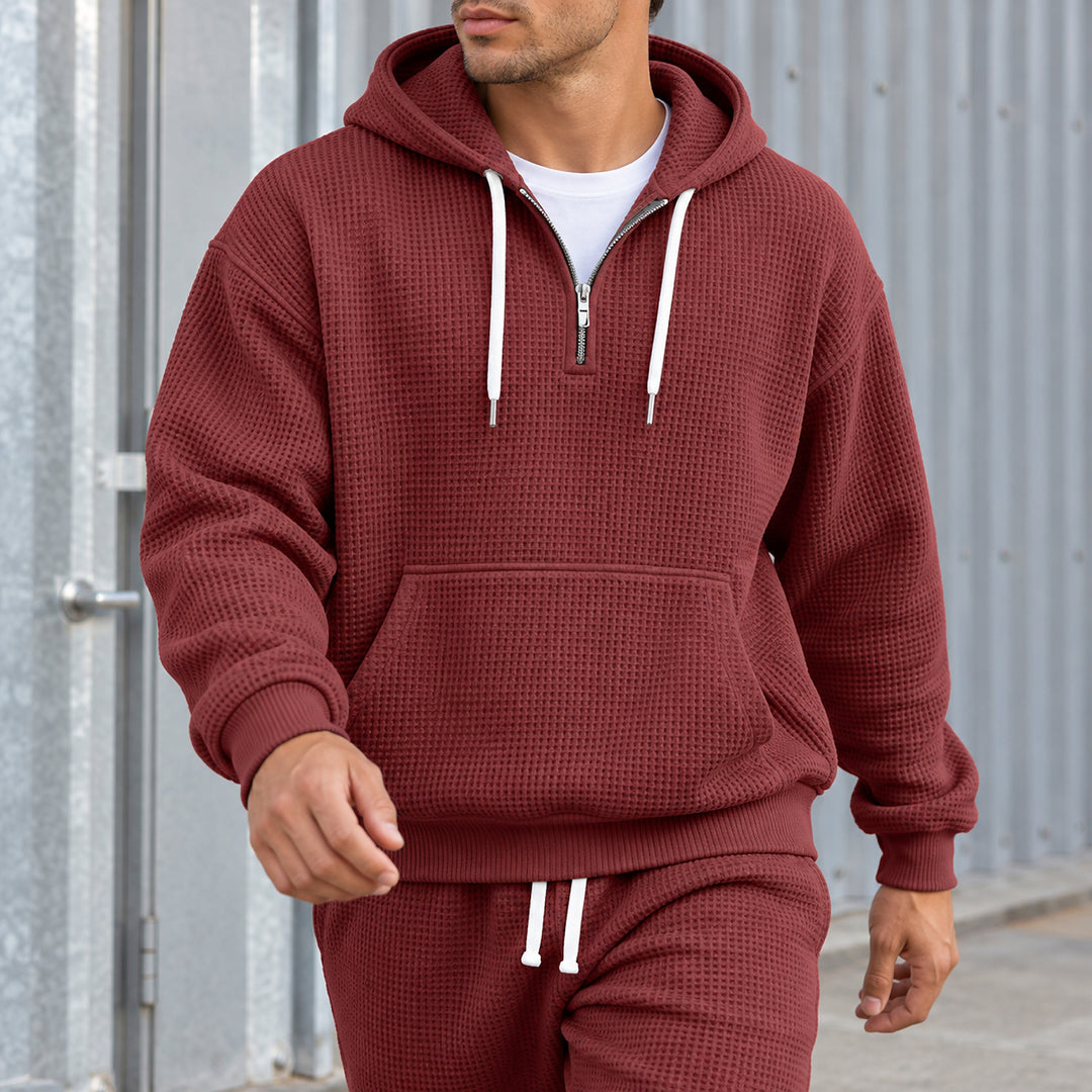 Halsey Waffle Half-Zip Hoodie Set — Burgundy