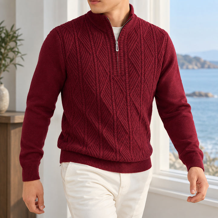 Galway Diamond-Cable Quarter Zip — Burgundy