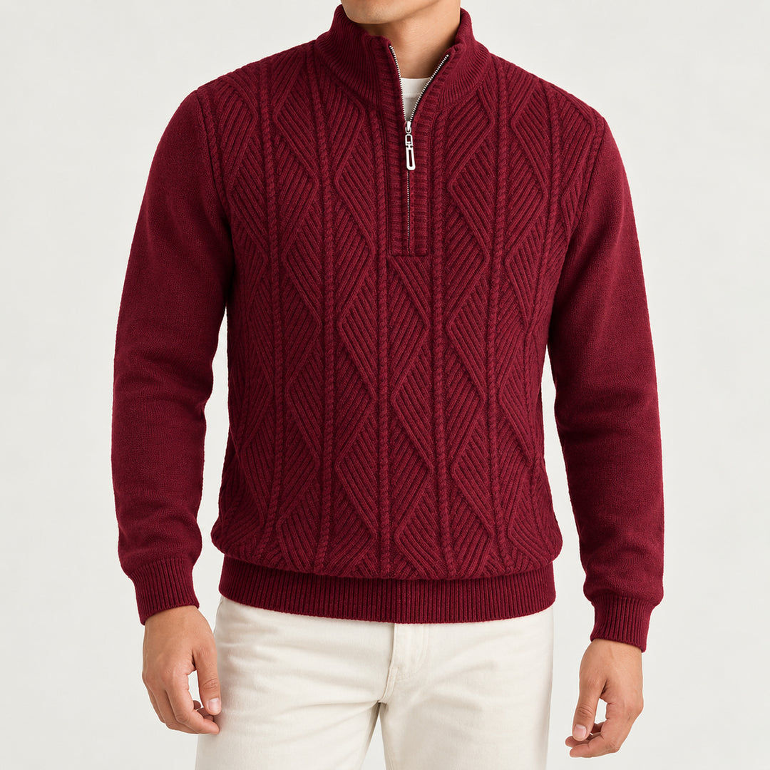 Galway Diamond-Cable Quarter Zip — Burgundy
