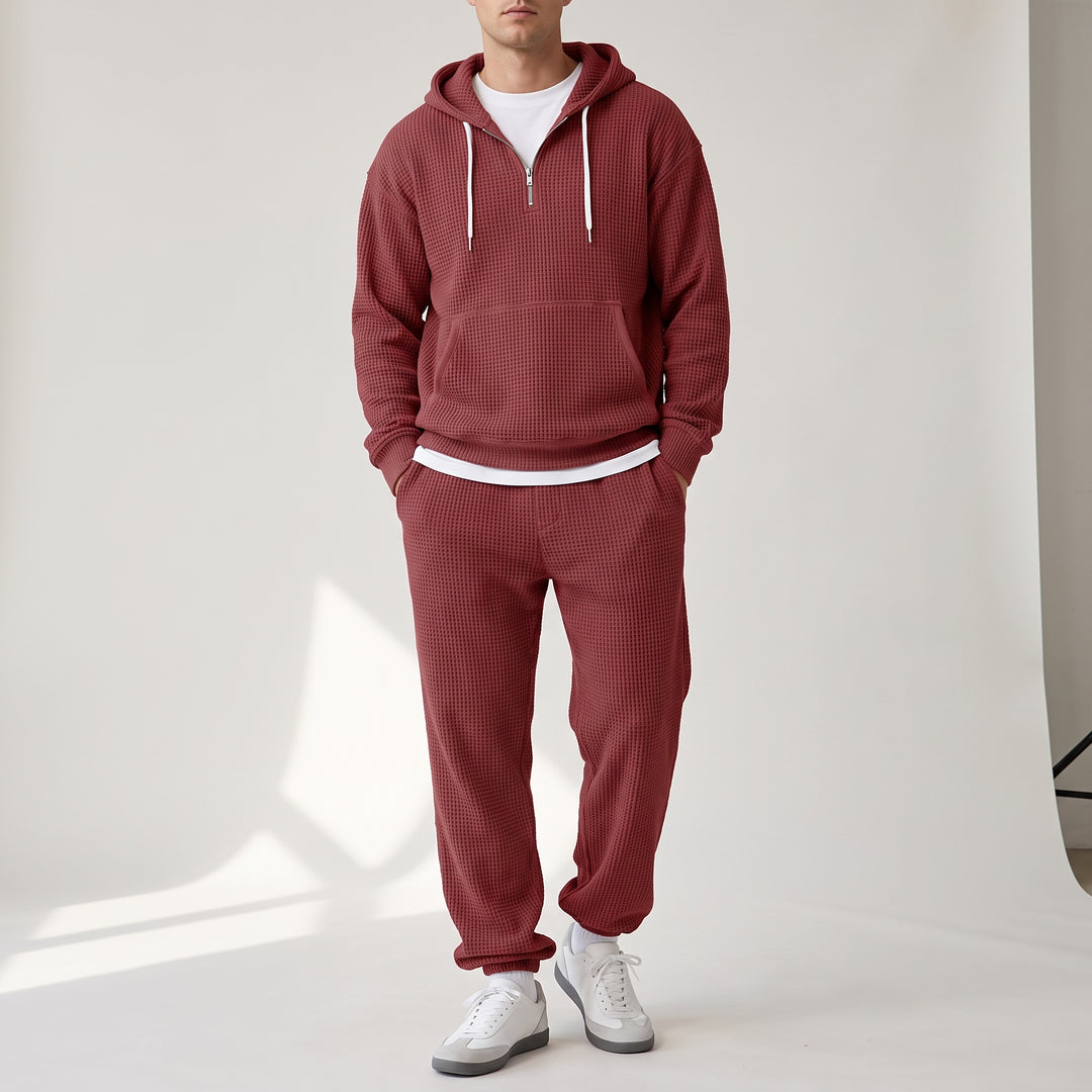 Halsey Waffle Half-Zip Hoodie Set — Burgundy