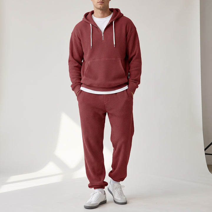 Halsey Waffle Half-Zip Hoodie Set — Burgundy