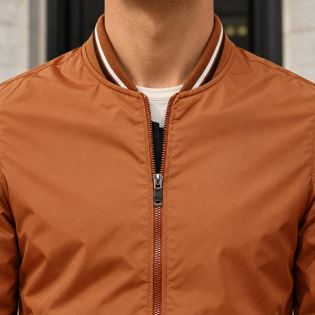 Whitman Striped-Trim Bomber Jacket — Burnt Orange