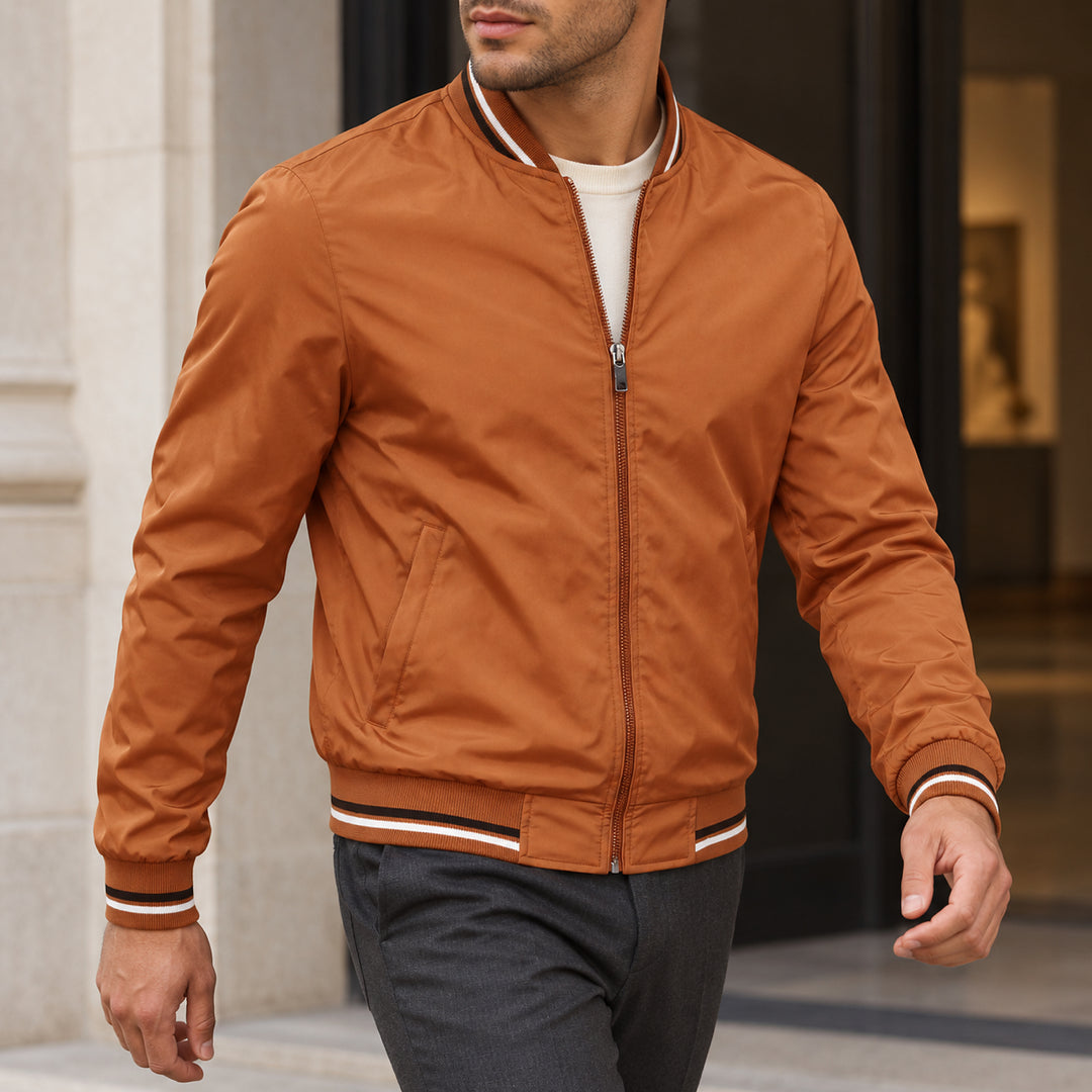 Whitman Striped-Trim Bomber Jacket — Burnt Orange
