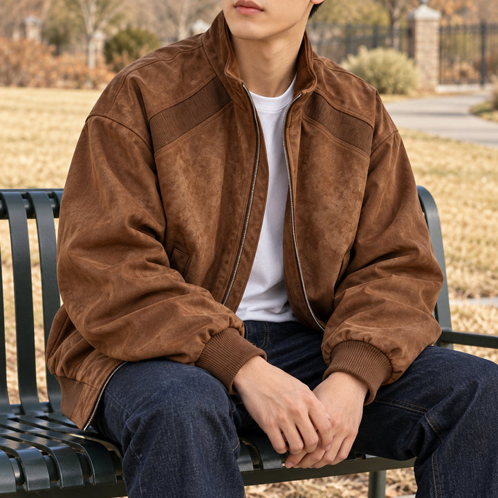 Keaton Washed Suede Bomber — Chestnut