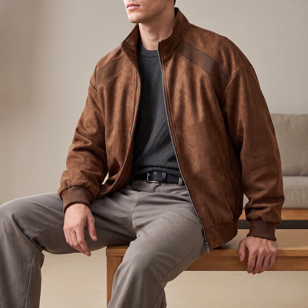 Keaton Washed Suede Bomber — Chestnut