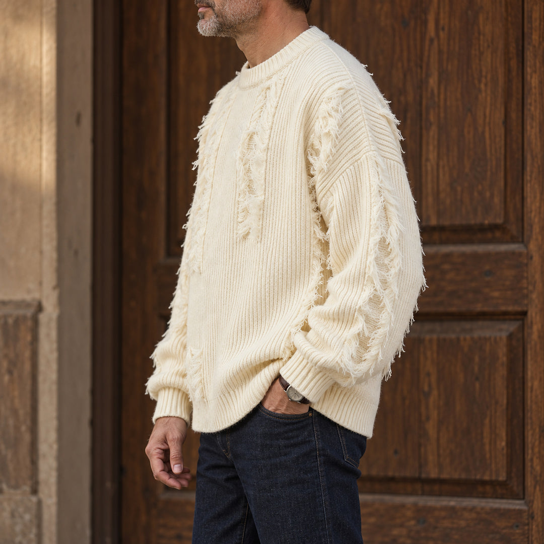 Mercer Distressed Fringe Sweater — Cream