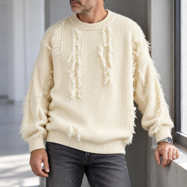 Mercer Distressed Fringe Sweater — Cream