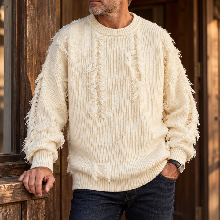 Mercer Distressed Fringe Sweater — Cream