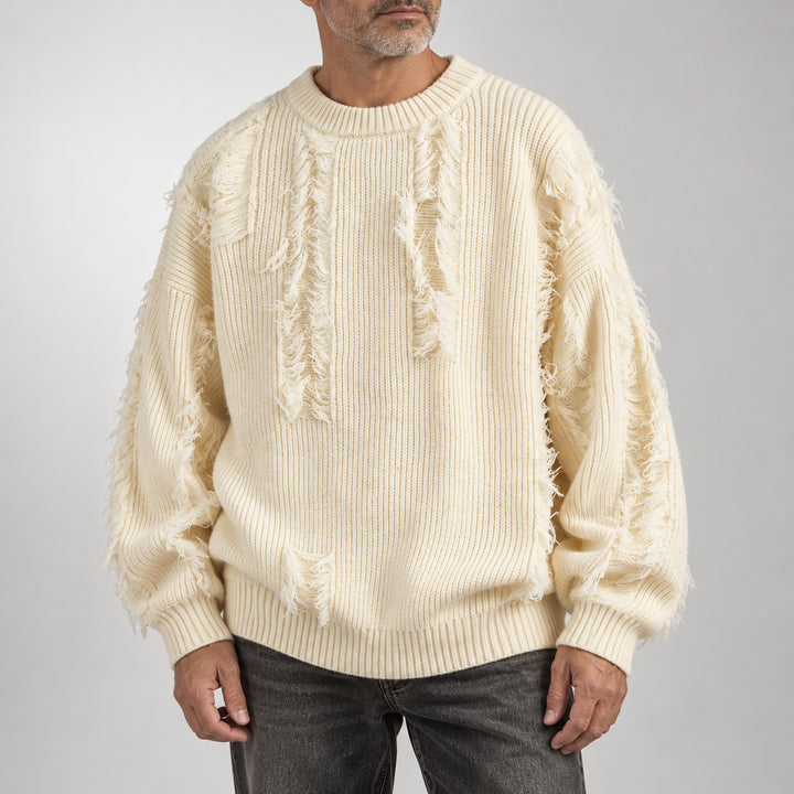 Mercer Distressed Fringe Sweater — Cream