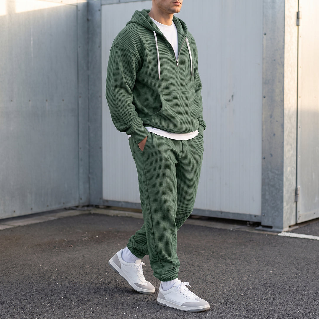 Halsey Waffle Half-Zip Hoodie Set — Forest Green