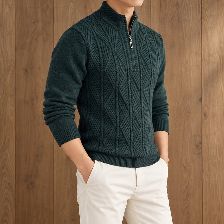 Galway Diamond-Cable Quarter Zip — Forest Green