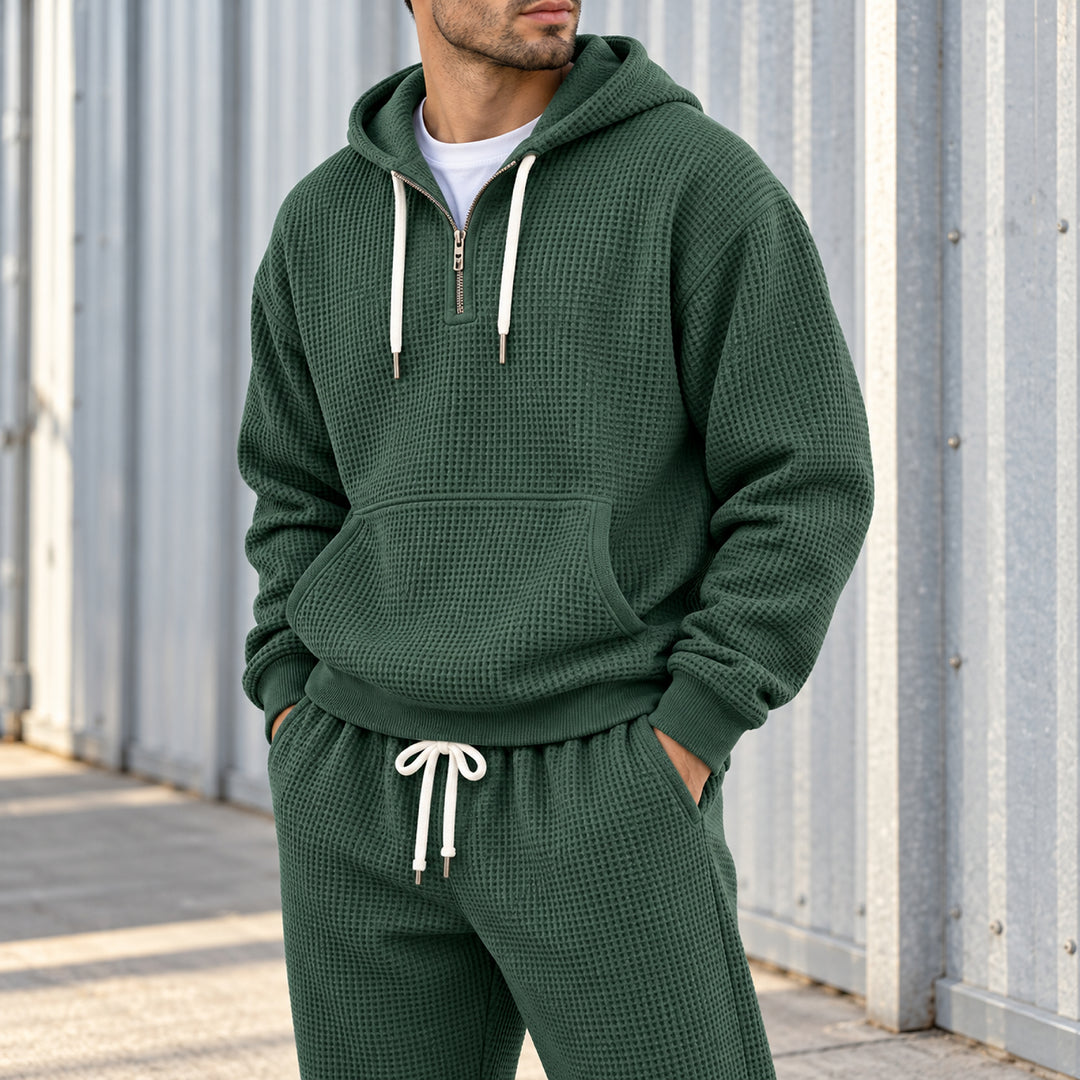 Halsey Waffle Half-Zip Hoodie Set — Forest Green