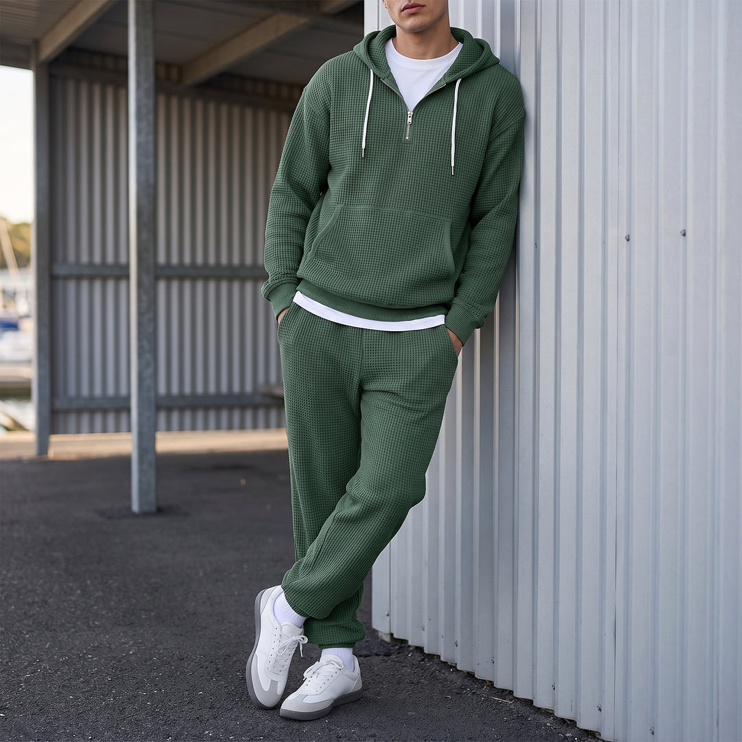 Halsey Waffle Half-Zip Hoodie Set — Forest Green