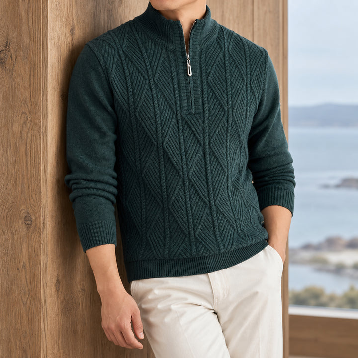 Galway Diamond-Cable Quarter Zip — Forest Green
