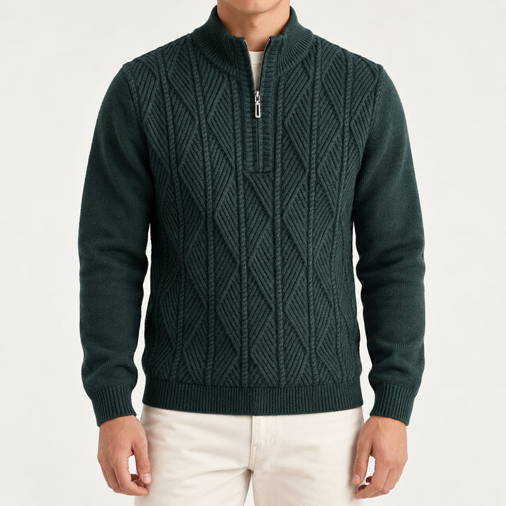 Galway Diamond-Cable Quarter Zip — Forest Green